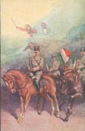 [Ufficiali dell'esercito a cavallo marciano sotto la protezione di Garibaldi, Cavour e Vittorio Emanuele 2.]