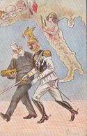 [Francesco Giuseppe 1. d'Austria  e Guglielmo 2. di Germania camminano insieme mentre l'Italia si rivolge agli alleati dell'Intesa]