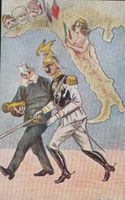 [Francesco Giuseppe 1. d'Austria  e Guglielmo 2. di Germania camminano insieme mentre l'Italia si rivolge agli alleati dell'Intesa]