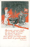 Marianne, pauvre chatte, tu vas brûler tes pattes en tirant les marrons du brasier Teuton, pour plaire au singe avide:  John Bull, le grand perfide! (La Fontaine)