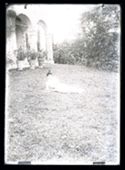 Una giovane donna sdraiata su un fianco nel giardino davanti al loggiato della villa di Gaibola, detta la Vigna: Bologna