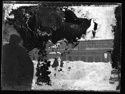 La piazza Vittorio Emanuele II e la statua equestre di Vittorio Emanuele II coperte di neve: prospetto del Portico e Palazzo dei Banchi: Bologna
