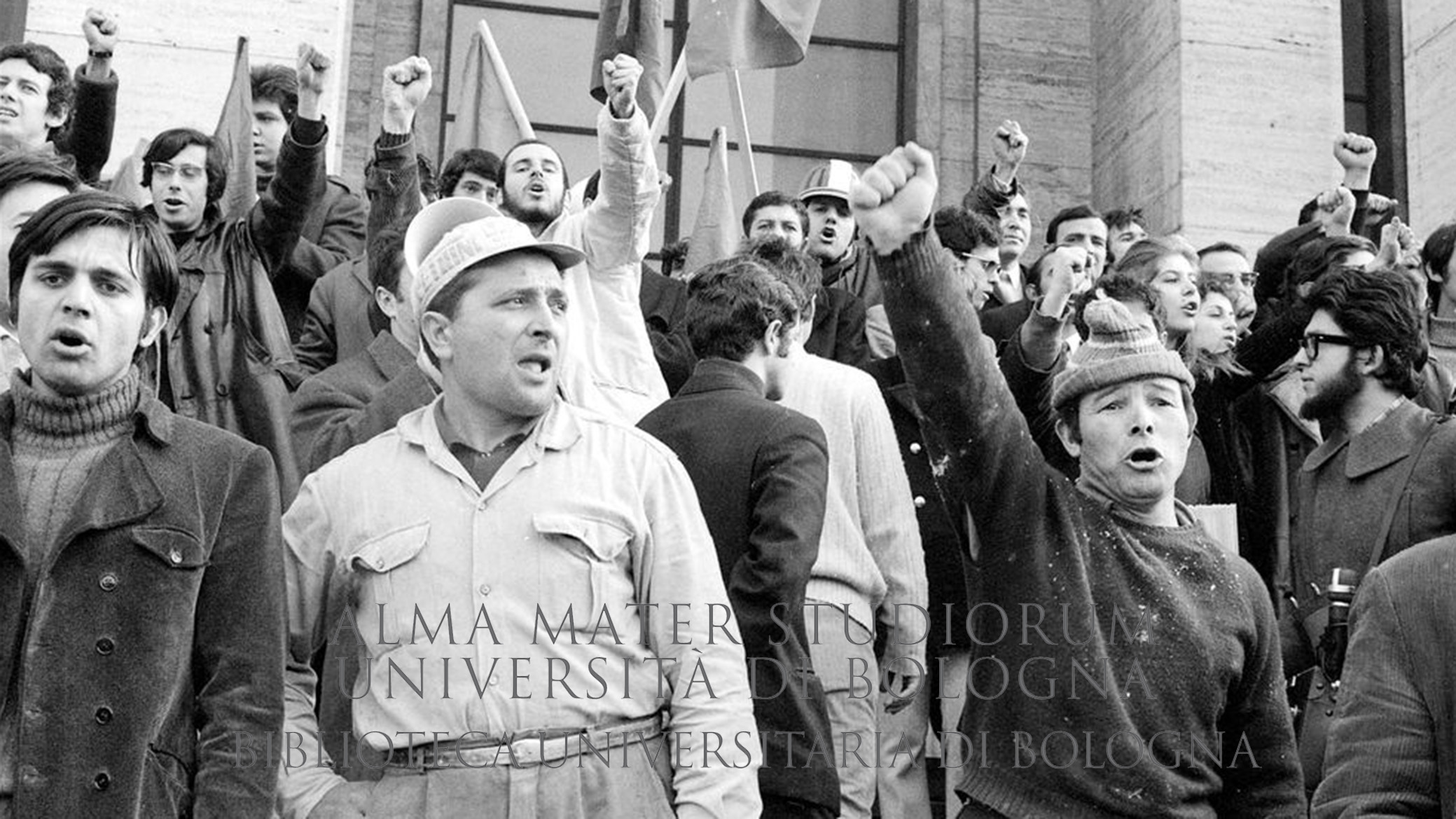 1970: Manifestazione di studenti e operai all'Università La Sapienza durante lo sciopero generale. Roma, 6.2.1970