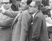Alberto Sordi e Dino De Laurentiis alla partita di calcio Italia-Urss. Stadio Olimpico di Roma, 10.11.1963