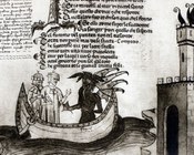 La barca di Flegias. Miniatura del Cod. Plut. XL. 7, del sec. XIV, con le chiose di Jacopo di Dante. Biblioteca Laurenziana, Firenze