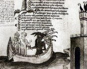 La barca di Flegias. Miniatura del Cod. Plut. XL. 7, del sec. XIV, con le chiose di Jacopo di Dante. Biblioteca Laurenziana, Firenze