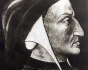 Profilo di Dante attribuito a Giovanni del Ponte, raffigurato sul verso del foglio di guardia del codice Riccardiano 1040. Biblioteca Riccardiana di Firenze. Primi del Quattrocento.