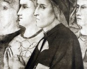 Ritratto di Dante tradizionalmente attribuito a Giotto o di scuola giottesca. Affresco nel Palazzo del Bargello, Cappella della Maddalena, a Firenze. Inizi XIV secolo.