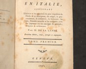 Jérôme de La Lande, Voyage en Italie, contenant l’histoire et les anecdotes les plus singulières de l’Italie et sa description…, troisième édition, revue, corrigée et augmentée, Genève [Paris], [s.n.], 1790, vol. 1. Frontespizio