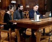 Aula Magna della Biblioteca Universitaria di Bologna: inaugurazione, da sin. Marie Urban LeFebvre, Giacomo Montanari e Eduardo Andres Escobar Briones