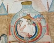 Atrio dell'Aula Magna della Biblioteca Universitaria di Bologna: percorso espositivo della mostra "L'oro dei filosofi"