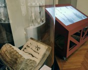 Atrio dell'Aula Magna della Biblioteca Universitaria di Bologna: allestimento espositivo della mostra Scienza & bellezza