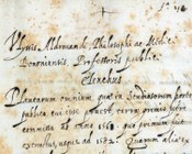 La segnatura aldrovandiana "f. 25[9]" è posta in alto a destra nella c.5r ed è presente anche nella parte superiore del piatto anteriore del codice. Il numero 259 si riferisce alla 'finestra', cioè al palchetto dov'era collocato il volume in una delle ‘scaffe’ delle sale nella biblioteca di Aldrovandi.