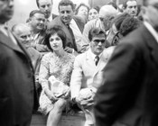Alberto Moravia e Adriana Asti in tribunale assieme a  Pier Paolo Pasolini durante il processo per rapina  a mano armata ai danni del barista Bernardino De Santi. Roma, 3.7.1962