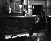 L’imputato Pier Paolo Pasolini risponde alle domande del presidente del Tribunale Giuseppe Semeraro. Roma, 7.3.1963