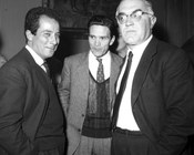 Gillo Pontecorvo, Pier Paolo Pasolini e Giancarlo Vigorelli al ricevimento in onore del 43° anniversario della Rivoluzione russa presso l’Ambasciata della  Federazione Russa. Roma, 7.11.1960