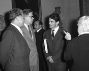 Pier Paolo Pasolini durante un incontro tra scrittori russi e italiani organizzato dall'Associazione Italia-URSS. Sono presenti Mikhail Isakovsky, Salvatore Quasimodo e Sibilla Aleramo. Roma, 8.10.1957