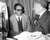 Pier Paolo Pasolini e Carlo Levi al tavolo dei relatori durante la manifestazione indetta dal comitato di solidarietà con Cuba a Palazzo Brancaccio.  Roma, 25.10.1962