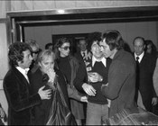 Laura Betti, Ninetto Davoli e Franco Citti alla camera ardente di Pier Paolo Pasolini allestita alla Casa della cultura in piazza Campo de' Fiori. Roma, 5.11.1975