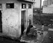 Bambini ai servizi igienici comuni nelle baracche di borgata Gordiani. Roma, 29.10.1959